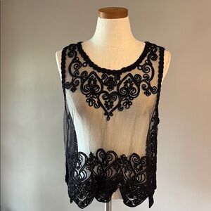 Elegant black mesh sheer Lace embroidered Sleeveless Top cropped formal M